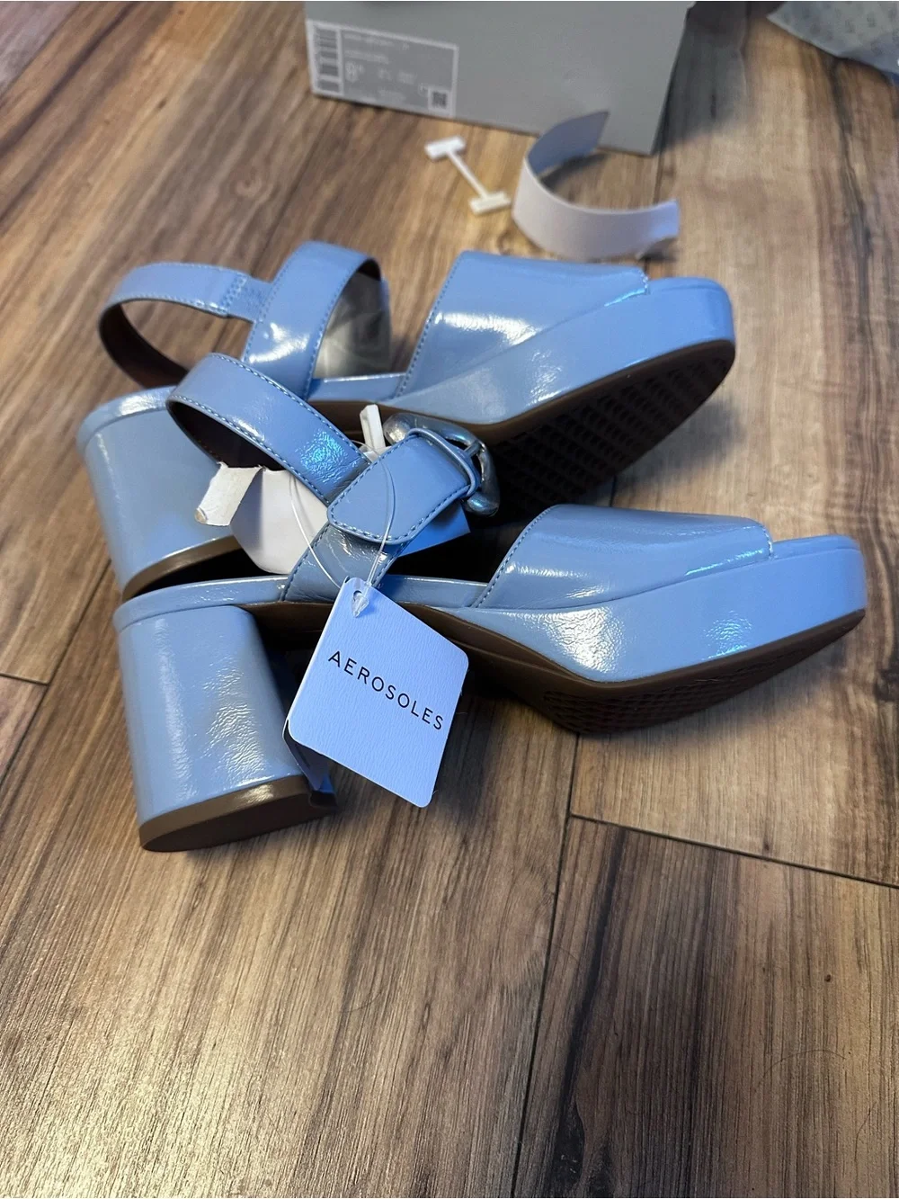 Womens Light Blue Patent Platform Sandal with Silver Buckle